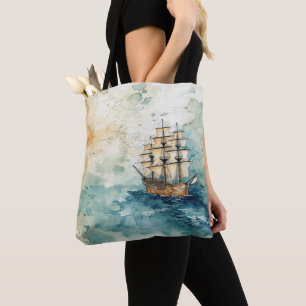 Tote Bag Thème nautique Vintage Voile Bateau Ancienne Carte