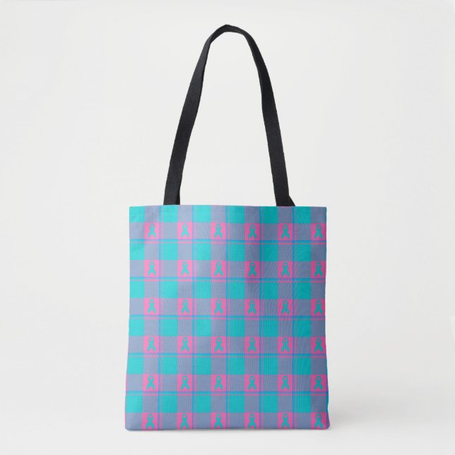Tote Bag Thyroid Cancer Awareness Plaid Teal Ribbon (Devant)