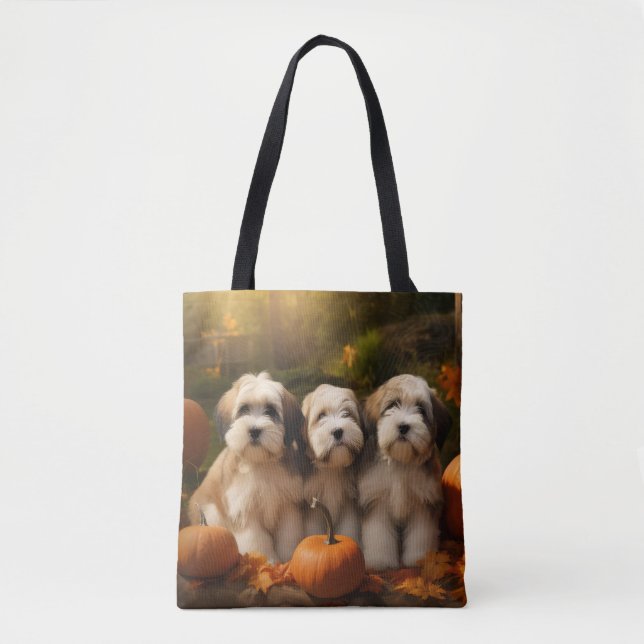 Tote Bag Tibétain Terrier Chiot Automne Citrouille délice (Devant)