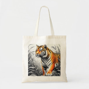 Tote Bag Tiger Art Color Partiel noir blanc dessin