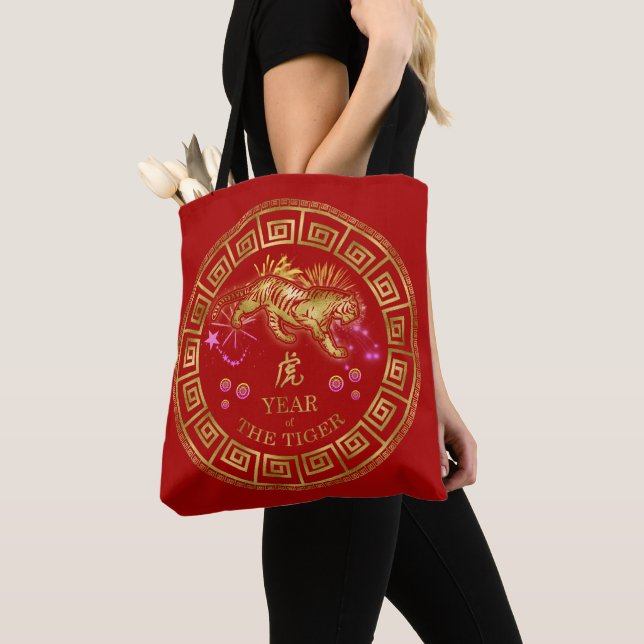 Tote Bag Tigre chinois Zodiac Rouge/Or ID542 (De près)