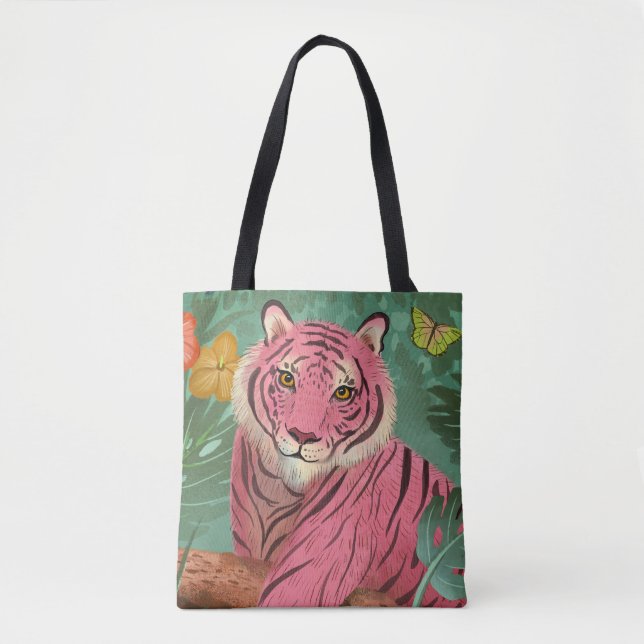 Tote Bag Tigre rose et perroquet dans la jungle tropicale (Devant)