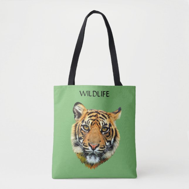 Tote Bag Tigre sauvage face d'animal sur fond vert (Devant)