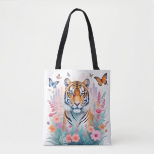 Tote Bag Tigre Vintage Animal Nature Forêt Jungle Fleurs