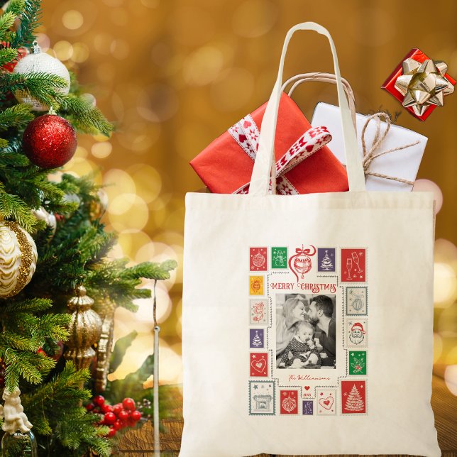 Tote Bag Timbre rétro Whimsical Cadeau photo de Noël (Whimsical Retro Stamp Christmas Photo Holiday Season Stocking Stuffer Gift Tote Bag)