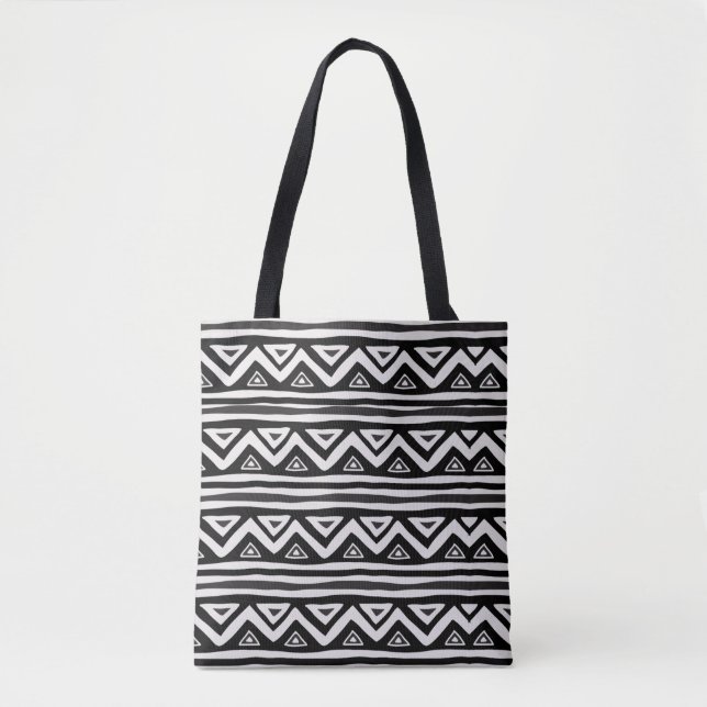 Tote Bag Tissu de boue noir blanc Motif africain Géométriqu (Devant)