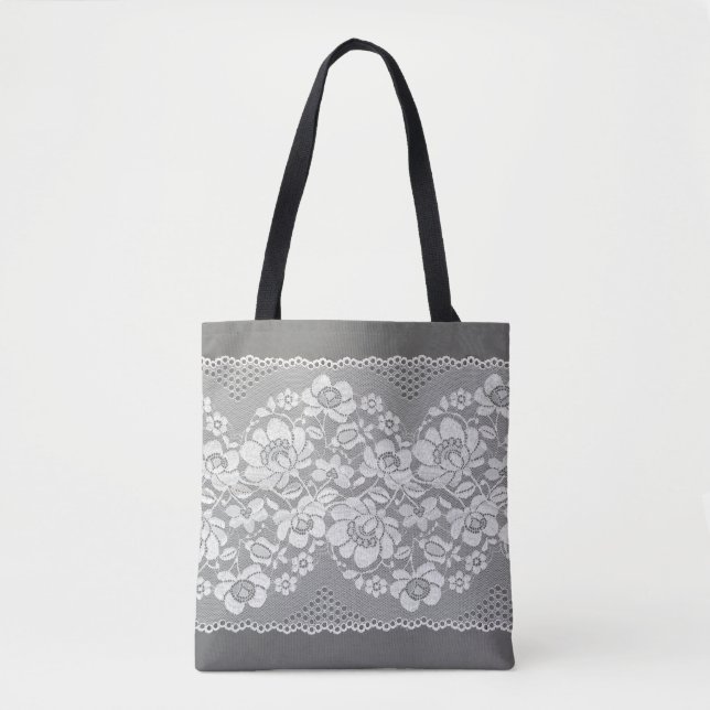 Tote Bag Tissu de dentelle blanc sur gris  (Devant)