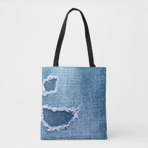 Tote Bag Tissu en denim déchiré, teintes bleues.