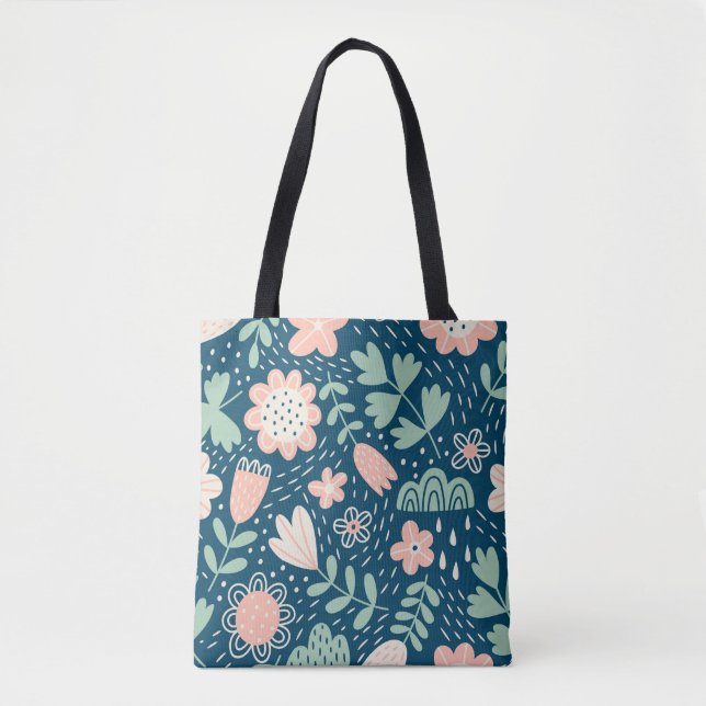 Tote Bag Tissu étoffé floral dessiné à la main. Motif Seame (Devant)