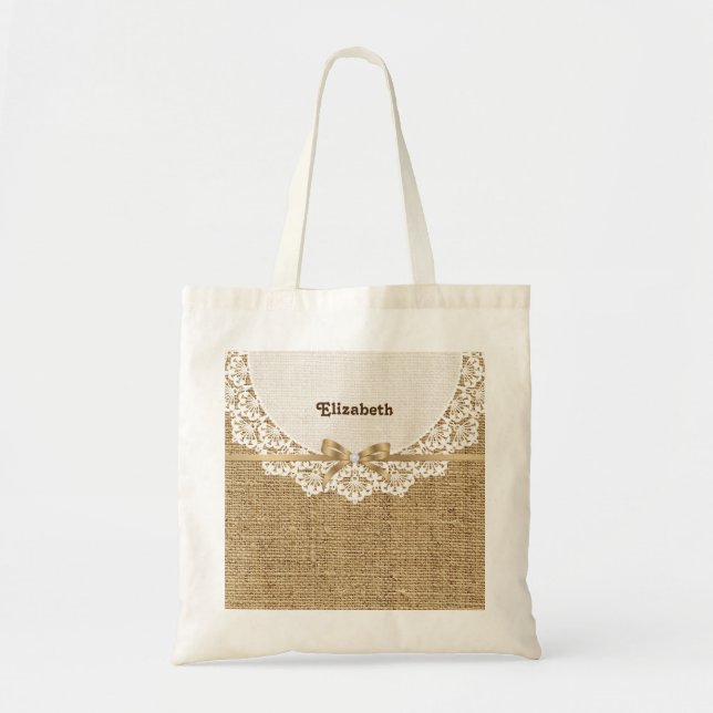 Tote Bag Toile blanche avec dentelle et lin naturel burlap (Devant)