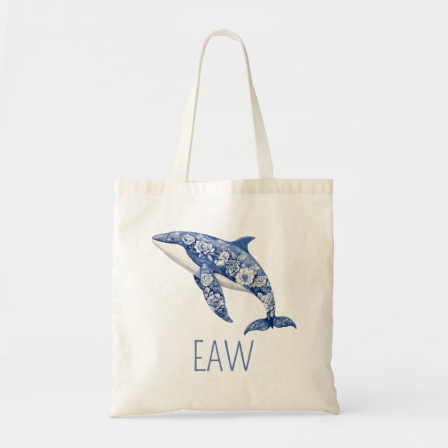 Tote Bag Toile Bleue Plage Florale Dauphin Personnalisé (Devant)