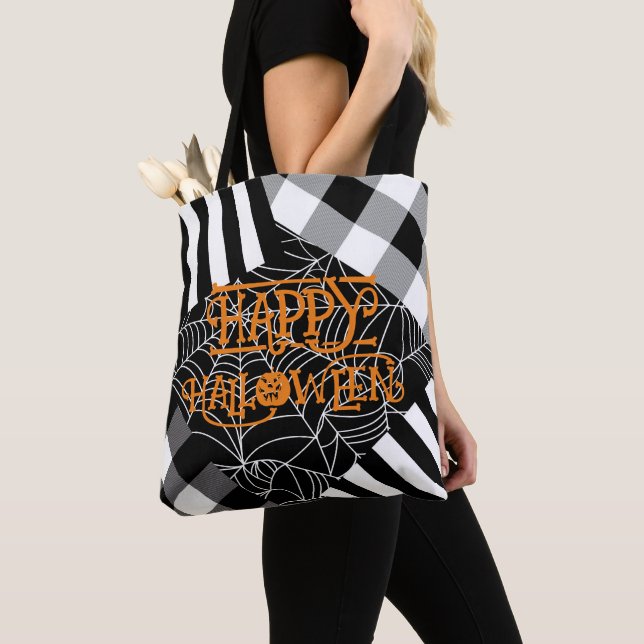 Tote Bag Toile d'araignée patchwork noir et blanc Halloween (De près)