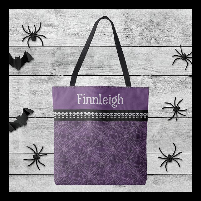 Tote Bag Toile d'araignée violette avec crânes et nom perso (Créateur téléchargé)