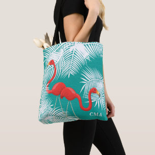 Tote Bag Toile de jute turquoise avec les Flamants roses