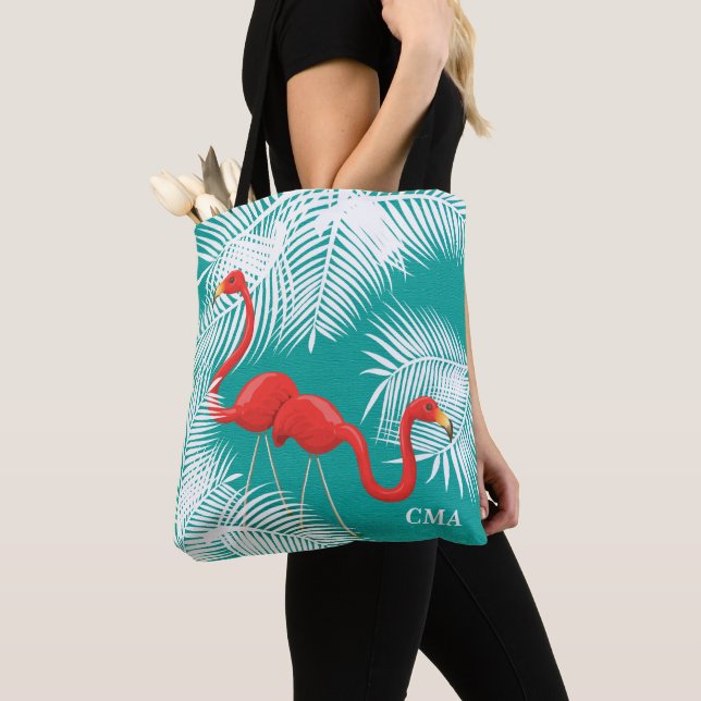 Tote Bag Toile de jute turquoise avec les Flamants roses (De près)