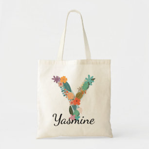 Tote Bag Toile personnalisée avec lettre florale Y et nom p