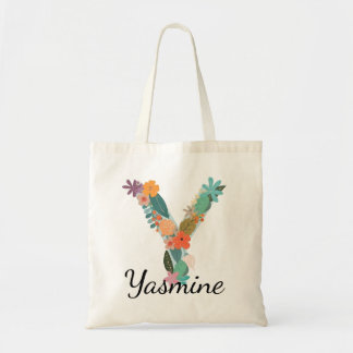 Tote Bag Toile personnalisée avec lettre florale Y et nom p