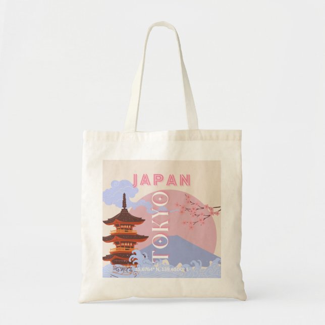 Tote Bag Tokyo Japan Travel Art, Retro Travel Art, Rose (Devant)