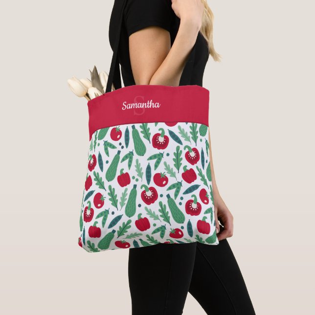 Tote Bag Tomate et concombre Motif végétal w Nom Rouge (De près)
