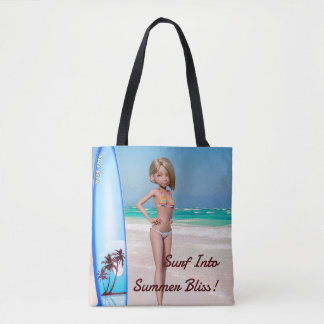 Tote Bag Toon Surfer Girl Posing sur le bord de mer