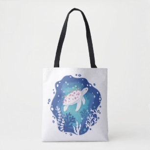 Tote Bag Tortue avec coraux dans l'art du papier océanique