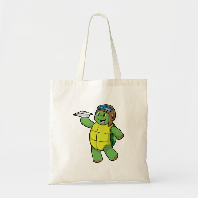 Tote Bag Tortue comme pilote avec avion en papier (Devant)