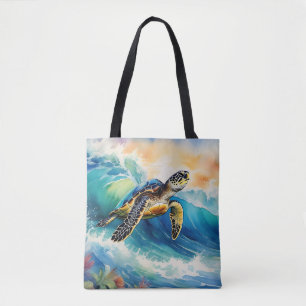 Tote Bag Tortue de mer à cheval une vague vibrante aquarell
