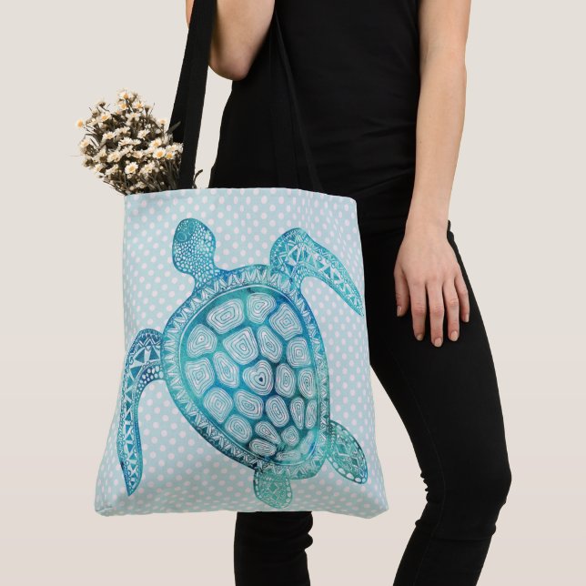 Tote Bag Tortue de mer Aqua sur Pois (De près)