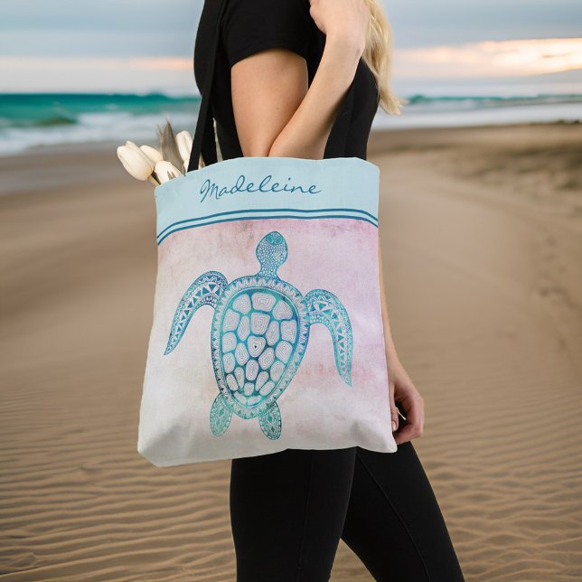 Tote Bag Tortue de mer bleu sarcelle à l'aquarelle sur mono (Créateur téléchargé)
