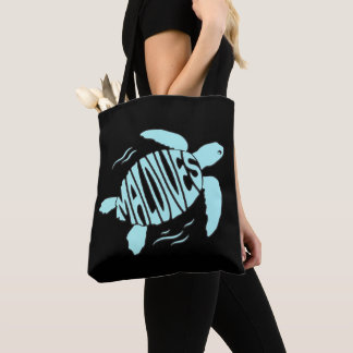 Tote Bag Tortue de mer des Maldives - Typographie Bleue Tro