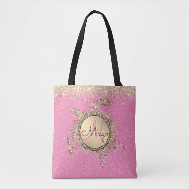 Tote Bag Tortue d'or Monogrammes étoiles Parties scintillan (Devant)