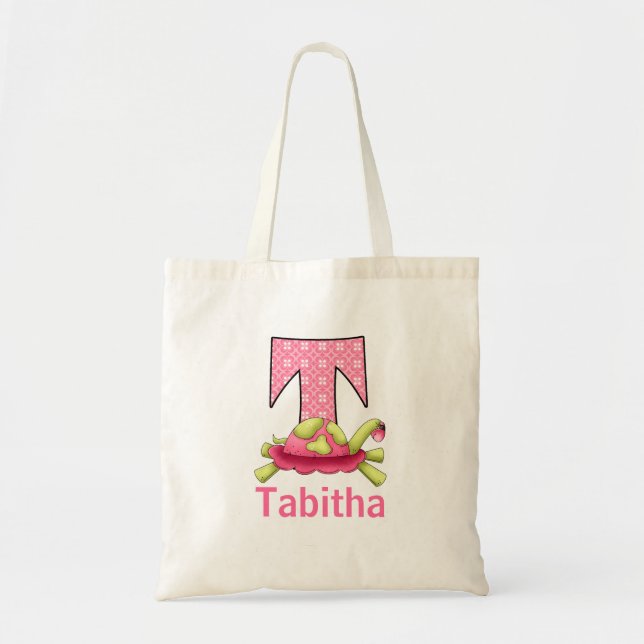 Tote Bag Tortue rose et verte pour Monogramme T (Devant)
