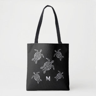 Tote Bag Tortues Noir Blanc Côtier Maritime Monogramme