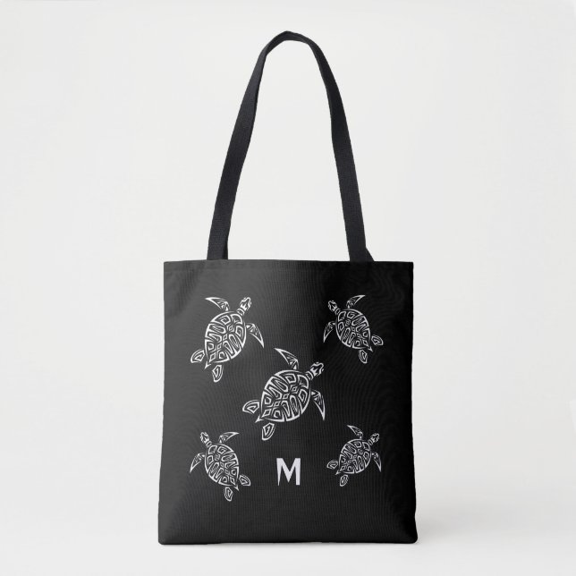 Tote Bag Tortues Noir Blanc Côtier Maritime Monogramme (Devant)