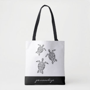Tote Bag Tortues tribales argentées Monogramme côtier blanc