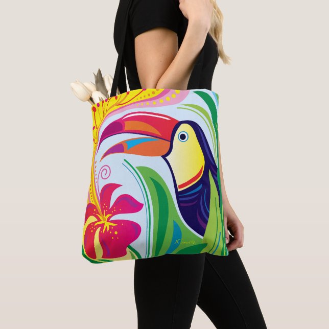 Tote Bag Toucan avec fleur tropicale (De près)