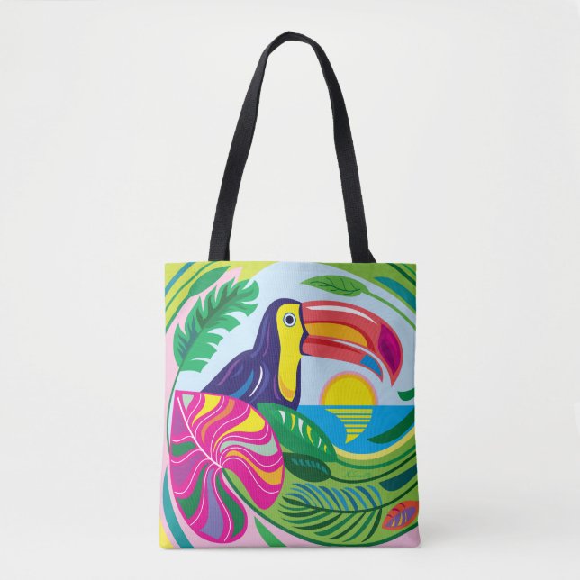 Tote Bag Toucan et feuilles tropicales (Devant)