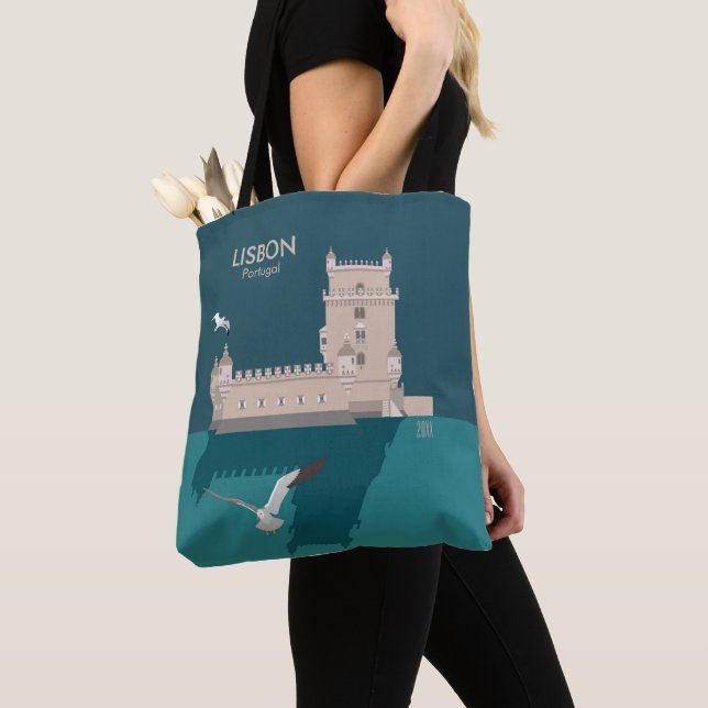 Tote Bag Tour de Belem de Lisbonne dans le style poster vin (De près)