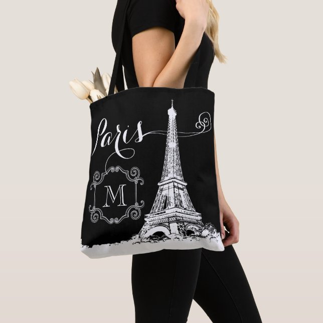 Tote Bag Tour Eiffel Chic Paris Monogramme noir blanc (De près)