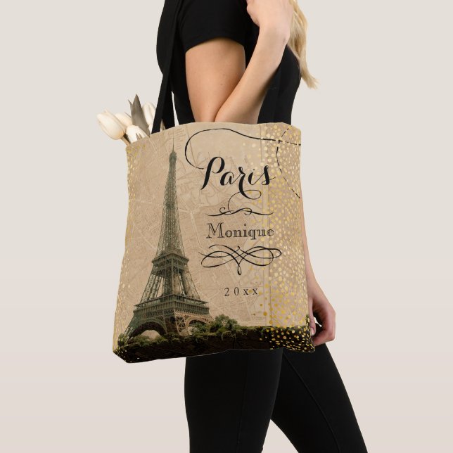 Tote Bag Tour Eiffel Paris Beige Faux Gold Monogramme Nom (De près)