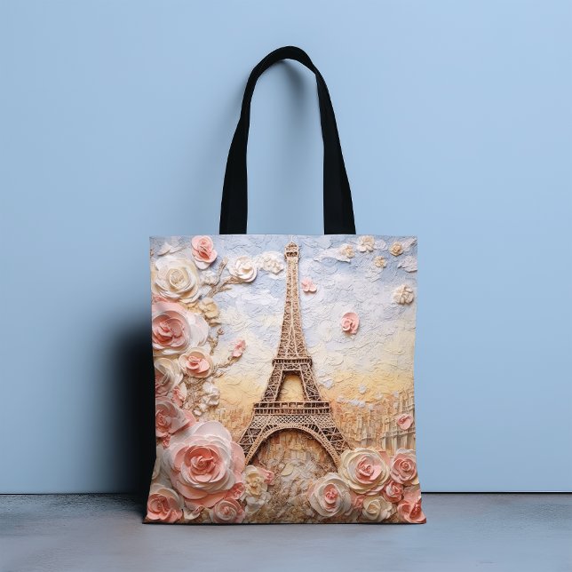 Tote Bag Tour Eiffel Paris France Floral rose français (Créateur téléchargé)