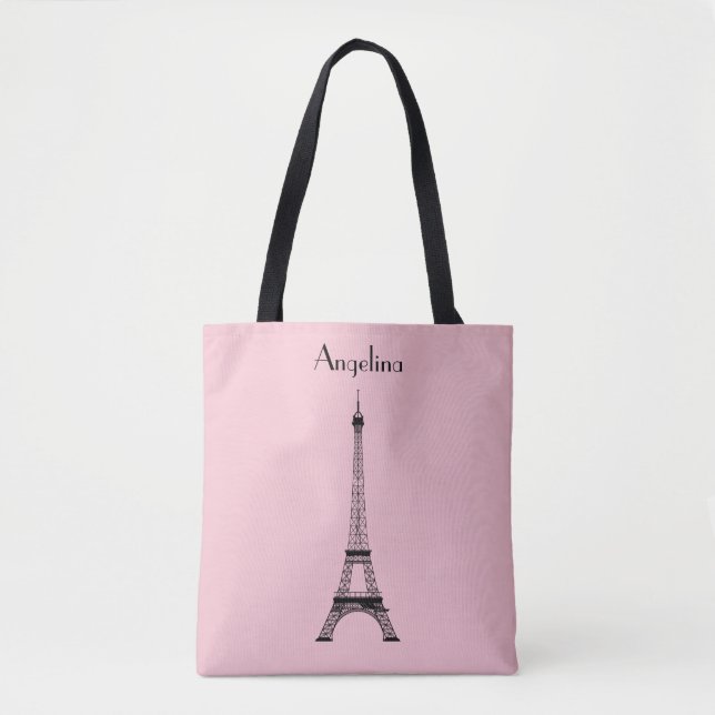 Tote Bag Tour Eiffel Paris rose noir (Devant)