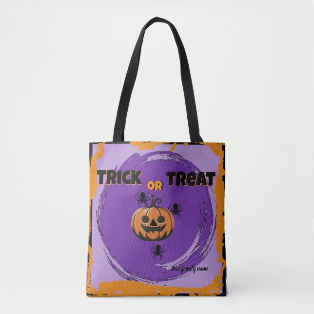 Tote Bag tour ou traitement, nom, halloween orange Citrouil (Devant)