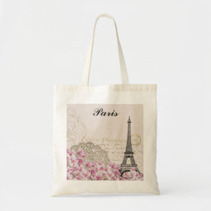 Tote Bag Tour Paris France Eiffel Fleurs roses Vintages