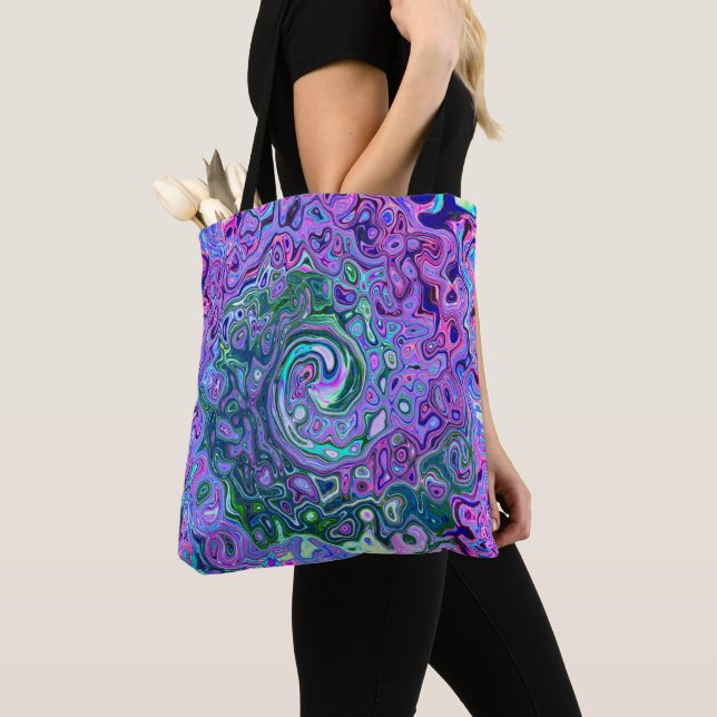 Tote Bag Tourbillon Vert et Violet Abstrait Rétro Groovy (De près)