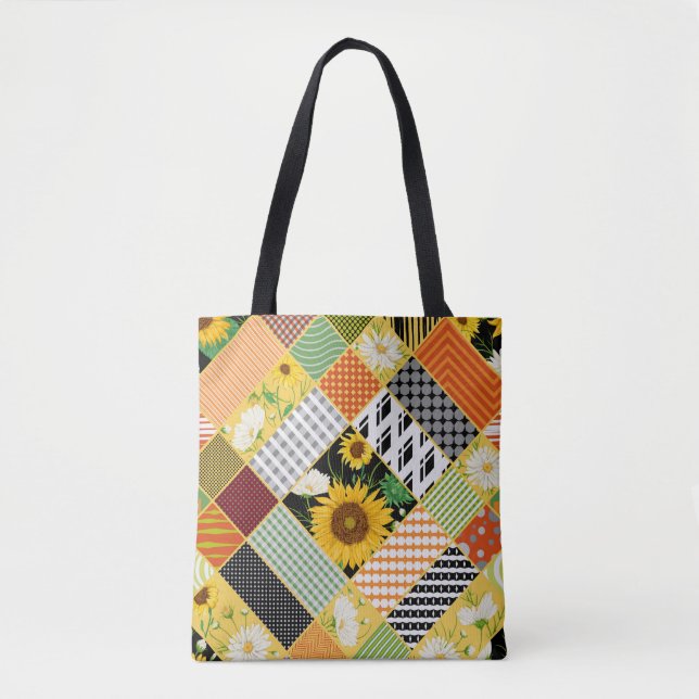 Tote Bag Tournesol Chamomile, Patchwork Aquarelle. (Devant)