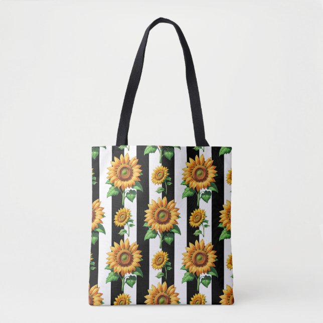 Tote Bag Tournesol Floral noir blanc rayures (Devant)