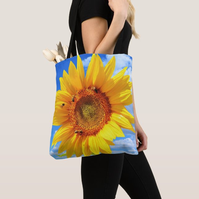 Tote Bag Tournesol jaune et abeilles sur le ciel bleu - Jou (De près)