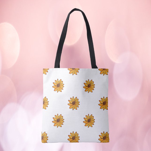 Tote Bag Tournesol Motif main tiré Jaune (A pretty tote bag with a hand drawn sunflower pattern.)