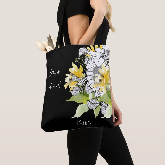 Tote Bag Tournesol personnalisé Buvez-le en noir (De près)